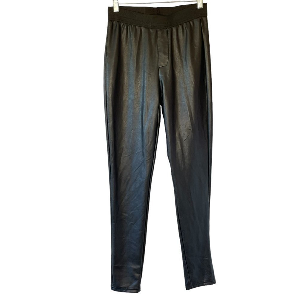 Bagatelle Black Faux Leather Leggings with Wide Elastic Waistband Faux Fly Front